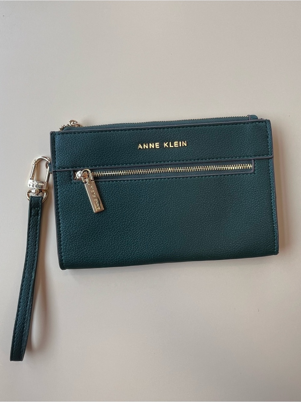 Anne Klein Teal Green Leather Wristlet Clutch with Gold Hardware